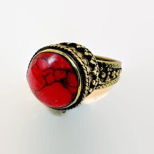 Vintage Afghan Ring, Middle Eastern: Red Stone, Kuchi, Brass, Composite Jasper